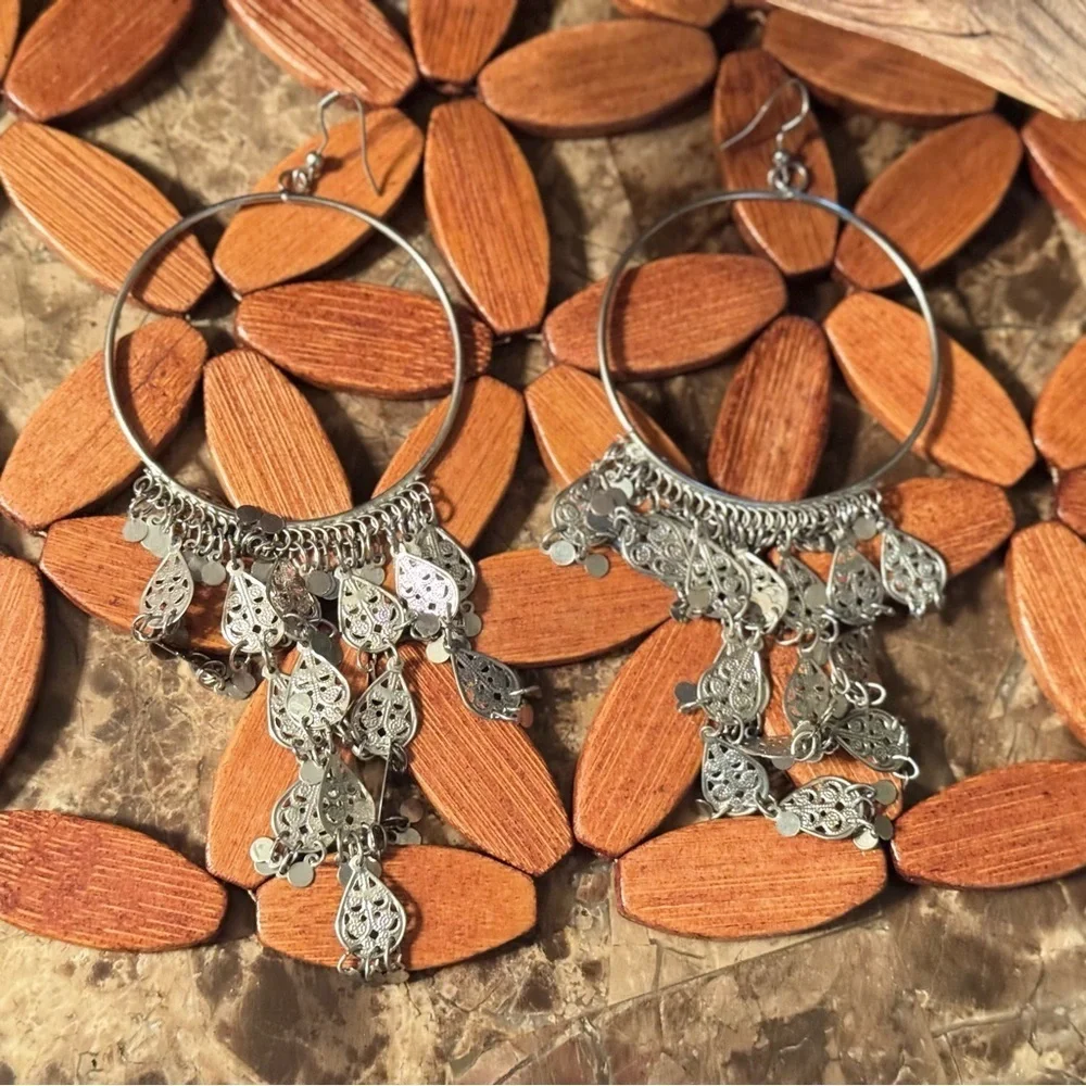 Silver Hoop Chandelier Earrings with Dangle Charms